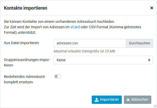 Kontakte in DOKOM21 Webmail importieren